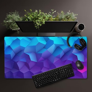 Alfombrilla de escritorio geométrica - Alfombrilla de ratón abstracta azul, púrpura y verde azulado - Alfombrilla de juego grande Lofi low poly