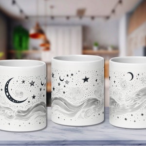 Celestial Moon Mug, Mystical, Moon Mug, Night, Nature Lover Gift, Moon Coffee Mug, phases, stars, Wicca, Witch, witchy, Enchant, luna, tea