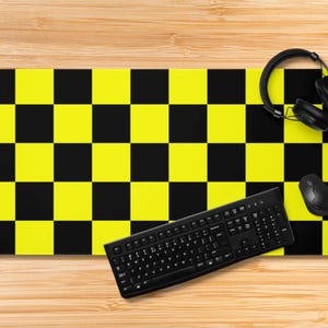 Checker Mousepad desk protector pad mat computer mouse pad gift large retro vintage geometric checkerboard gingham Black Yellow 80s skate