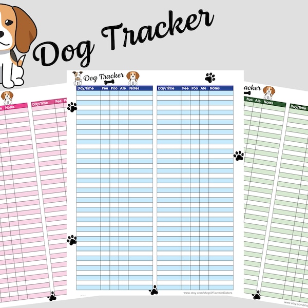 Best dog tracker multi-pack for pee, poo and food schedule. Puppy potty log and pooch planner. Cute and functional dog care tracker.