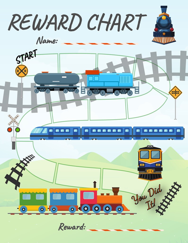 Train, Reward chart, kids, boy, girl, tracker, chore, encouragement, potty, fun, instant download, behavior, sticker, locomotive, tracks