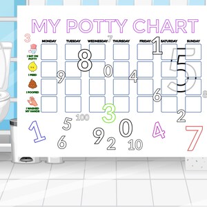 Puede incluir: Un gráfico de entrenamiento para ir al baño blanco y azul con un diseño colorido. El gráfico tiene una cuadrícula con los días de la semana y números. Incluye iconos para sentarse en el orinal, orinar, defecar y lavarse las manos.