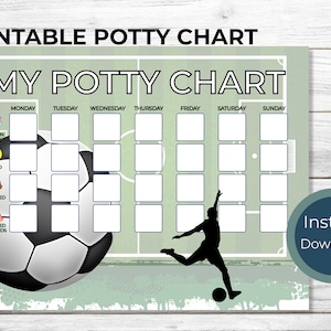 Puede incluir: Tabla de aprendizaje de orinal imprimible con temática de fútbol. La tabla tiene un fondo verde con un balón de fútbol y una silueta de un jugador pateando un balón. La tabla tiene espacios para cada día de la semana y cuatro iconos diferentes para el aprendizaje de orinal.