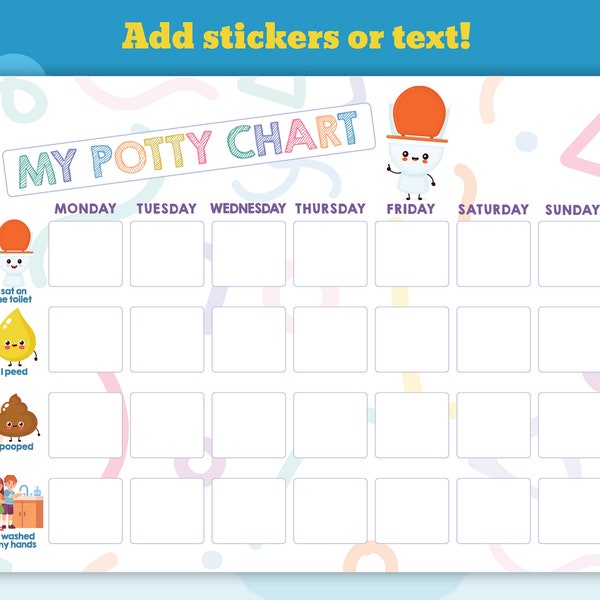 Printable Potty chart, printable, multi-pack, cute fun colors, instant download  "sat on toilet", peed, poop, "washed hands", reward