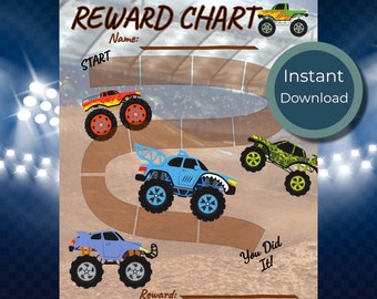 Monster Truck Reward chart, kids, boy, tracker, chores, encouragement, potty, fun, instant download, PDF, reward, chore chart, truck, track