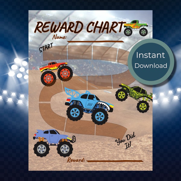 Monster Truck Reward chart, kids, boy, tracker, chores, encouragement, potty, fun, instant download, PDF, reward, chore chart, truck, track