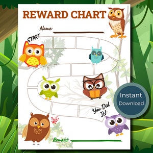 May include: A printable reward chart featuring a colorful jungle theme with owls. The chart has a space for a name, a start point, and a path to follow with spaces for stickers or stamps. The chart also includes the text "You Did It!" and "Reward:".