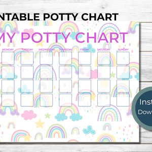 Puede incluir: Tabla de aprendizaje de orinal imprimible con temática de arcoíris. La tabla tiene espacios para cada día de la semana e incluye iconos para sentarse en el orinal, orinar, defecar y lavarse las manos.