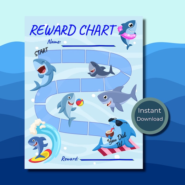 Shark Reward chart, kids, girl, tracker, chores, encouragement, potty, fun, instant download, water, Ocean, Sea, water, Fish, beach, baby