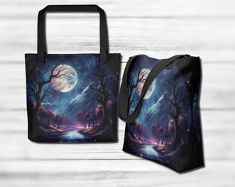 Night Moon Tote, Mystical Trees Tote, Moon Tote, Night Tree, Nature Lover Gift, Full moon Tote, Tote, night, Wicca, Witch, witchy, Enchant