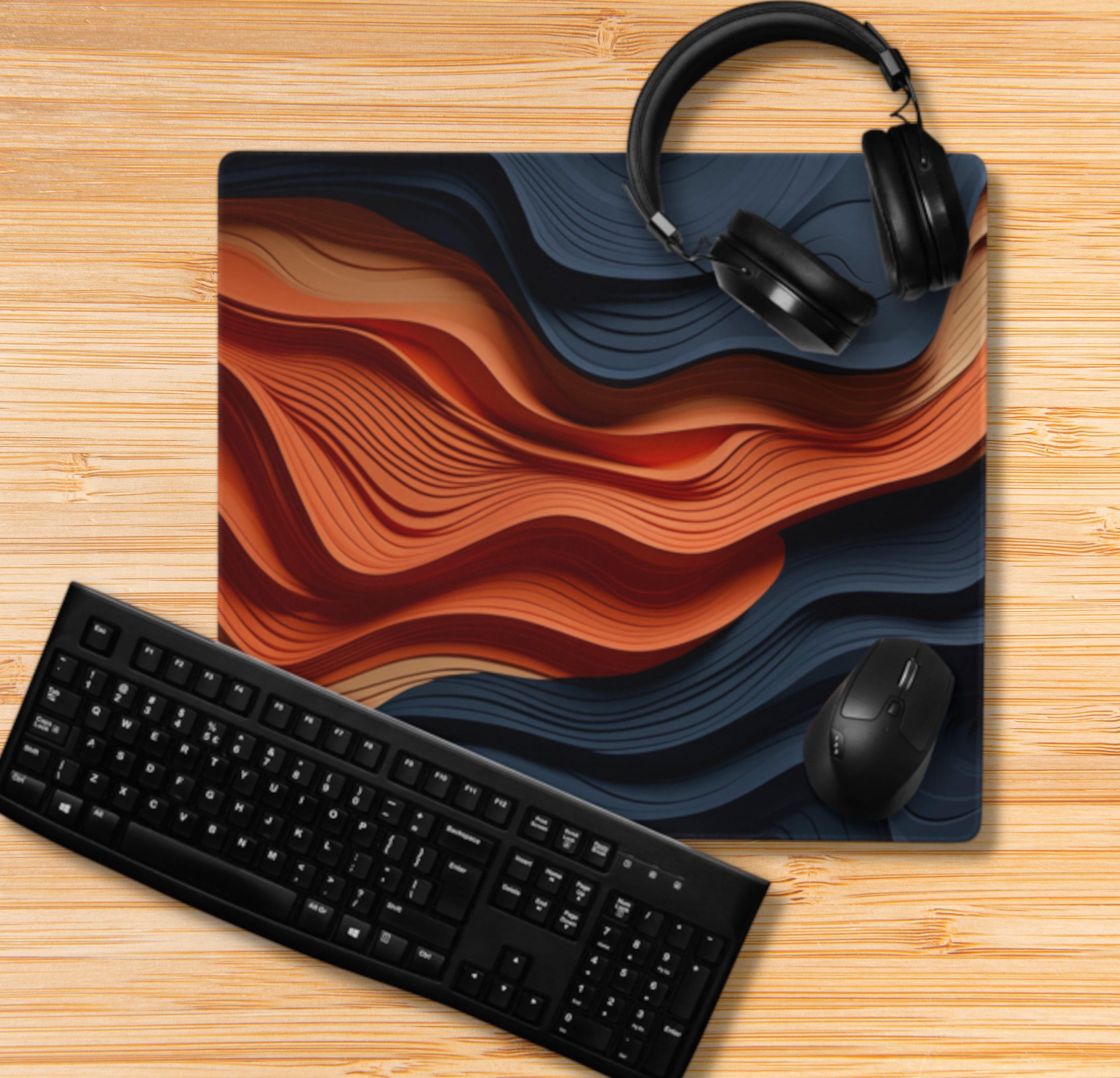 Topographical Abstract Waves Office Desk Mat Navy Blue Orange Map Pad ...