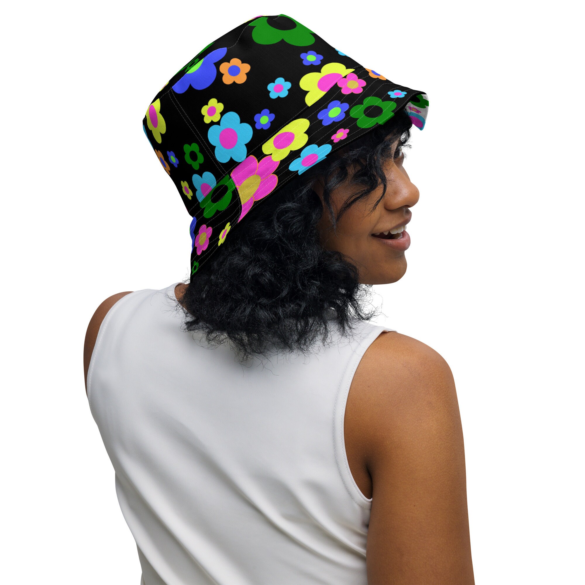 Flower Bucket Hat, Retro, Reversible, White Inside, Black