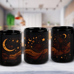 Special Edition Himmlischer Mond Tasse Mystisch Mond Nacht Geschenk Mond Kaffee Phasen Sterne Wicca Hexe Verzauberer Tee Orange Spooky Dark Sternzeichen