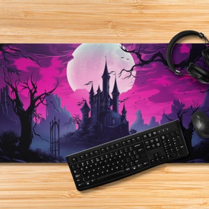 Whimsical Gothic Desk mat pad mousepad blacklight mouse gift goth castle medieval dark purple moon night wizard halloween fantasy enchant
