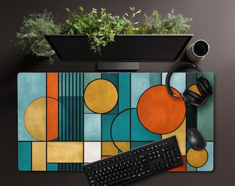 Bureauonderlegger met atomisch design, mid-century modern, jaren 40, cirkels, gamer, MCM, retro, boho, leeftijd, school, kantoor, make-up, beauty, jaren 40, turquoise, oranje, goud, echtgenoot