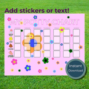 Bloemen zindelijkheidstraining grafiek afdrukbare leuke leuke kleuren instant download zat op toilet geplast kak gewassen handen Daisy bloemengedrag bedtijd