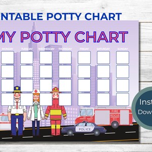 Puede incluir: Un gráfico de entrenamiento para ir al baño imprimible con un fondo de ciudad. El gráfico tiene espacios para cada día de la semana e incluye iconos para sentarse en el orinal, orinar, defecar y lavarse las manos. También hay ilustraciones de un policía, una enfermera y un bombero.