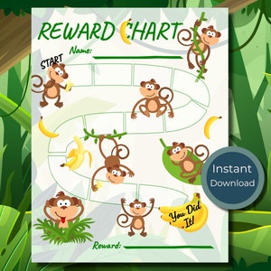 Apenbeloningstabel kinderen meisje tracker klusjes aanmoediging potje plezier directe beloningskaart Banaan Jungle aapsafari dierentuin chimpansee beloningsprijs
