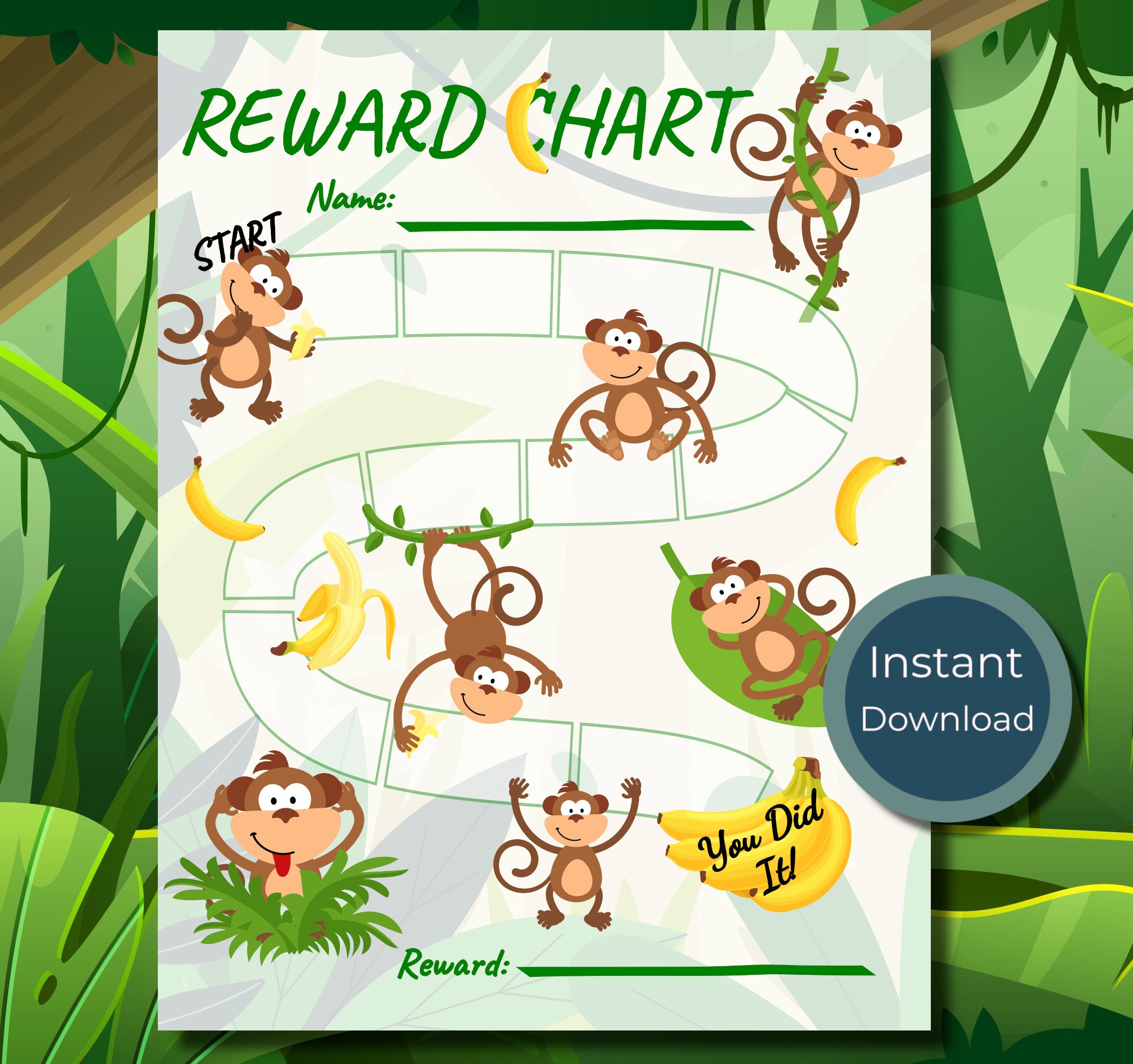Monkey Reward chart kids girl tracker chores encouragement potty fun instant rewardchart Banana Jungle ape safari zoo chimp rewarding prize