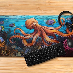 Octopus Stained glass Mousepad desk protector Desk pad mat mouse pad nature lover mothers day Ocean coral reef beach coastal nautical