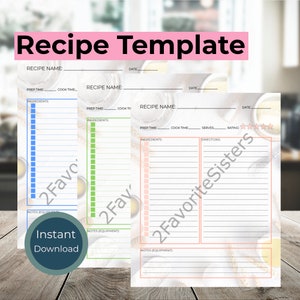 Modèle de carte de recette, fiche de recette, feuille de recette, imprimable, téléchargement immédiat, 3 couleurs, minimal, simple, épuré, instructions, évaluation, favori