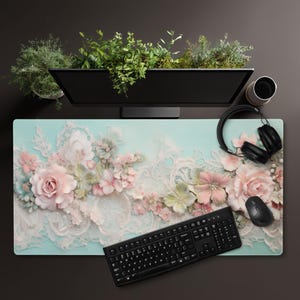 Shabby Chic desk mat French romantic rose lace teal flower pattern vintage office decor dressing table makeup dice playmat doll
