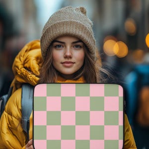 Pink Sage green checker Laptop tablet sleeve notebook case slip cover school work macbook tablet 13 ipad gift pink sage green check checked