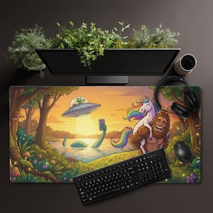 May include: A whimsical desk mat featuring a cartoon scene with a UFO, alien, unicorn, and Bigfoot. The design includes a lake, trees, and a sunset. A black keyboard, mouse, and headphones are also visible.