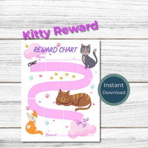 May include: A printable pink and white reward chart with a cat theme. The chart features a path with spaces for stickers or stamps. The chart has the text "Reward Chart" and "You Did It!" at the top and bottom. The chart also includes the text "Start" and "Reward:".