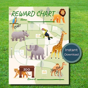 Zoo Reward Diagramm Kinder Mädchen Jungen Tracker Hausarbeit Ermutigung Töpfchen sofort download Tiger Löwe Giraffe Vogel Vögel Safari Verhalten Nacht