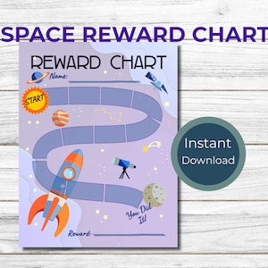 Puede incluir: Un gráfico de recompensas imprimible con temática espacial con un cohete, planetas, estrellas y un telescopio. El gráfico tiene un espacio para el nombre de un niño y una recompensa. El texto "START" y "You Did It!" también está incluido.
