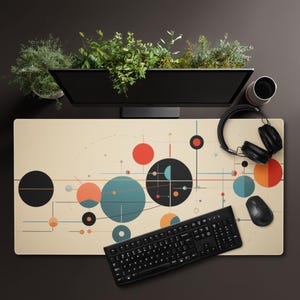 Atomic Design Schreibtischmatte Mid Century Modern 1940er 50er Jahre Kreise Gamer Mauspad MCM Schreibtischunterlage Retro Mousepad Boho Age Nuklear Space