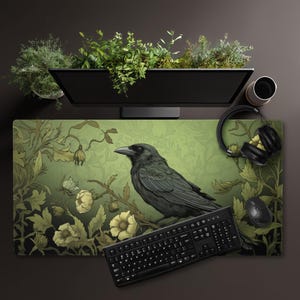 Ochraniacz na biurko z gobelinem w stylu średniowiecznym, podkładka pod mysz, czarownica, wicca, znajomy, magia, zaklęcie, tarot, kruk, gotycki czarny ptak, czarownica, mieszkanie studenckie