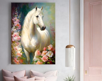 DIGITALE DOWNLOAD | Ivoorbloesem | Wit paard | Romantisch | Olieverfschilderij | Roze bloemen | Affiche | Afdrukbaar | Digitale kunst | Vintage | Groente