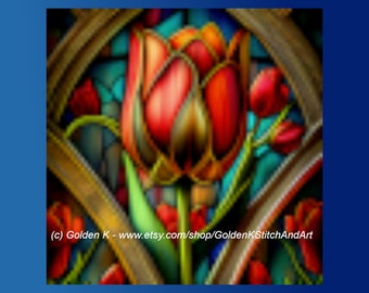 Tulip Window (small) (#5492) counted cross stitch pdf pattern -Plants and Flowers digital cross stitch chart -full coverage needlework graph