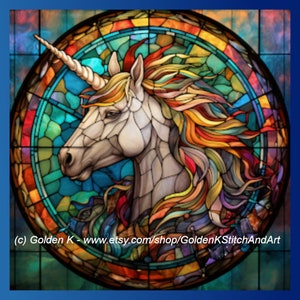 Unicorn Window (#5529) counted cross stitch pdf pattern - Fantasy digital cross stitch chart - full coverage needlework graph