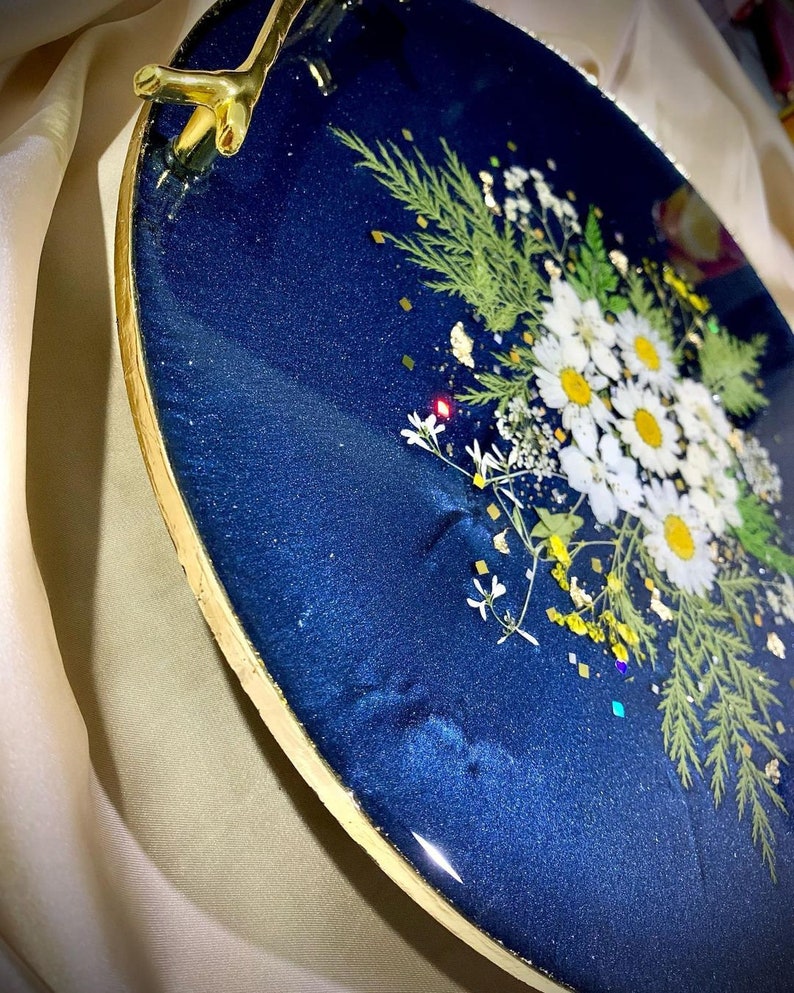 Dried Flowers Resin Tray With Handles, Decorative Vanity Tray, Gift for