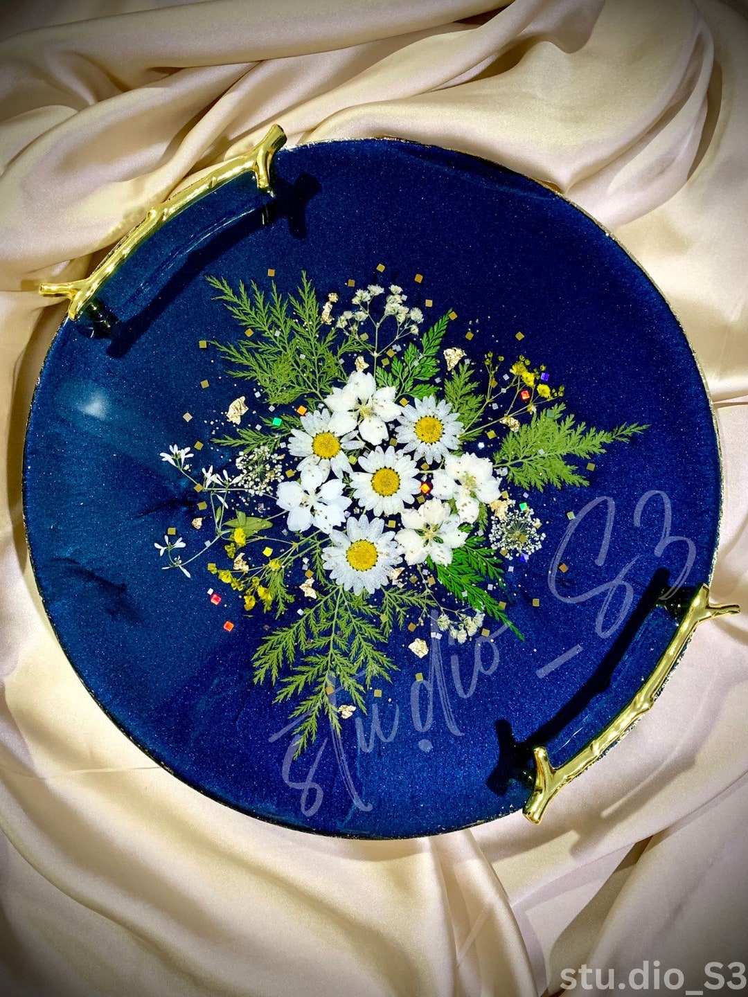 Dried Flowers Resin Tray With Handles Decorative Vanity Tray Etsy