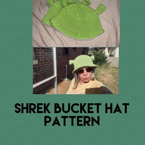 May include: A green crocheted bucket hat with ears, inspired by the character Shrek. The hat is shown on a person wearing sunglasses.