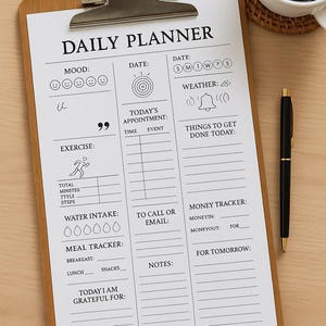 Planificador diario imprimible en PDF / Diseño para bienestar y productividad / Estado de ánimo, objetivos, comidas y registro de agua / Descarga instantánea en tamaño A4 y carta de EE. UU.
