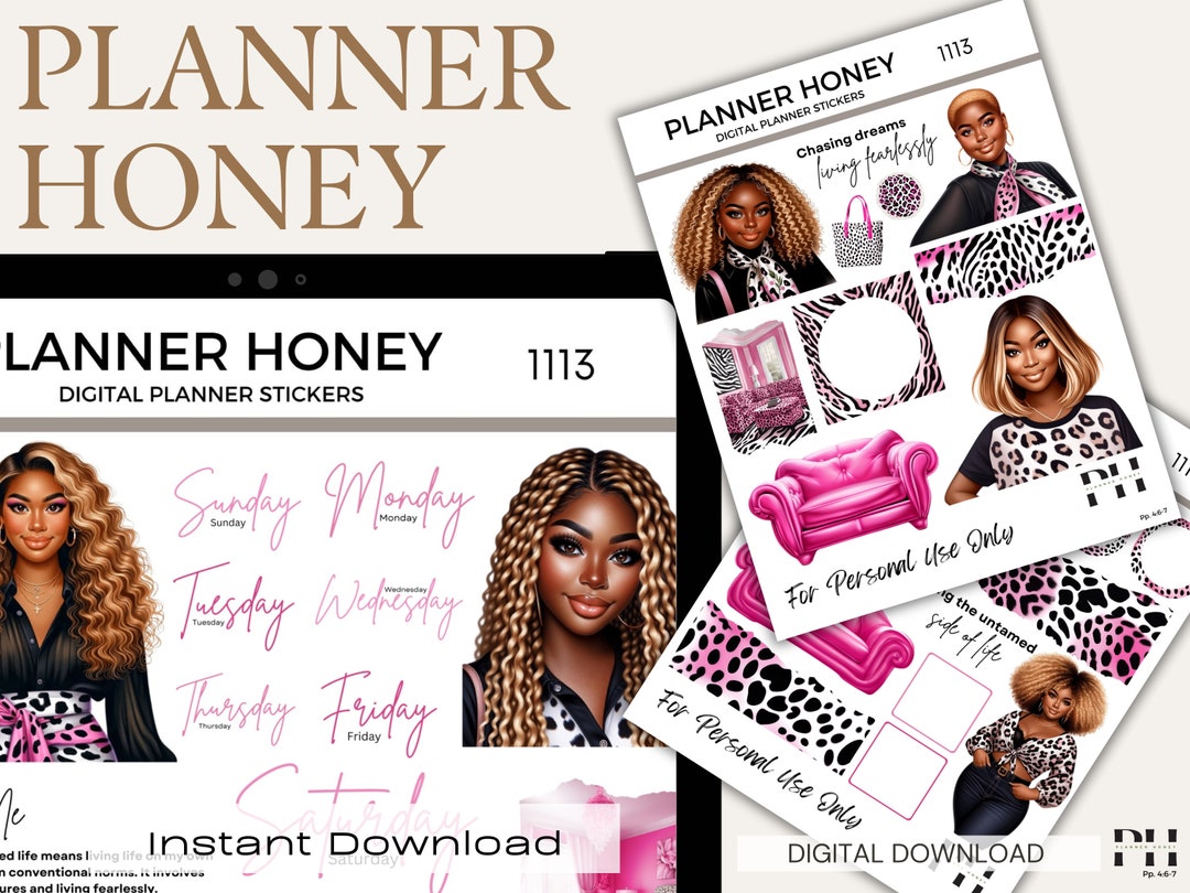 Afro Black Woman Digital Planner Stickers, Goodnotes, iPad (PDF File ...