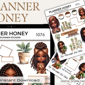 Pegatinas digitales precortadas de GoodNotes para niñas negras, pegatinas digitales afroamericanas, magia de niña negra, plantas, pegatinas para planificador digital