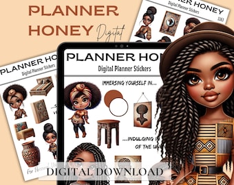 Black Girl Digital Stickers, Planner Graphics (PDF)