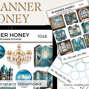 Può includere: Adesivi digitali per planner con tema acquerello. Gli adesivi presentano immagini di viste sull'oceano, lampadari ed elementi architettonici nei toni del blu e dell'oro. Il testo "PLANNER HONEY" e "DIGITAL PLANNER STICKERS" è visibile.