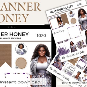 Adesivi per planner digitali pretagliati, adesivi digitali afroamericani, adesivi per planner digitali Black Girl Magic, adesivi digitali viola