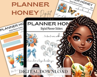 Black Girl Digital Stickers, GoodNotes Planner Stickers (PDF)