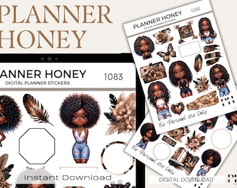 Afro Woman Planner Stickers, Winter Floral (Digital Download)