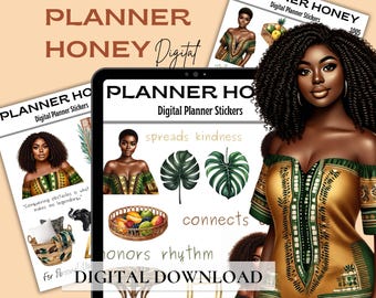 Black Girl Digital Stickers, GoodNotes Planner Stickers (PDF)