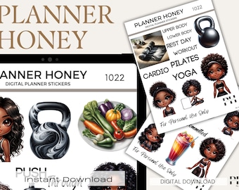 Afro Girl Digital Planner Stickers, Fitness & Floral (PDF)