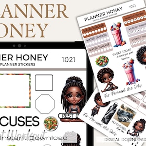 Pre-Cropped GoodNotes Digital Planner Stickers Fitness Workout Gym Resolution Afro Black African American Woman Girl iPad Tablet Planning